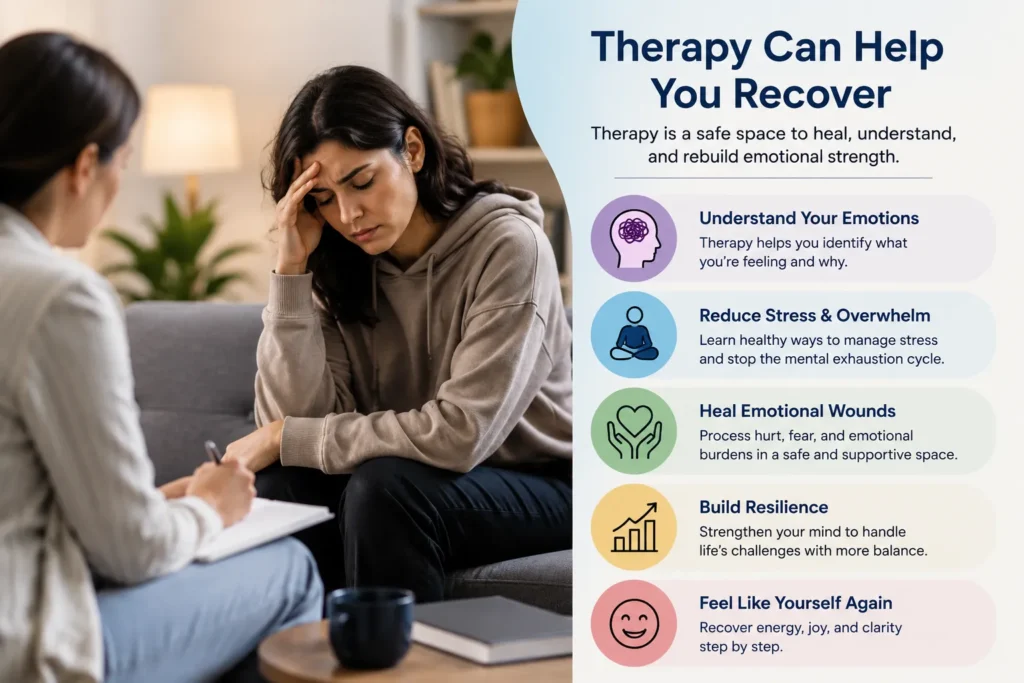 Illustration explaining the benefits of therapy services for emotional exhaustion, emotional well-being, and mental health support