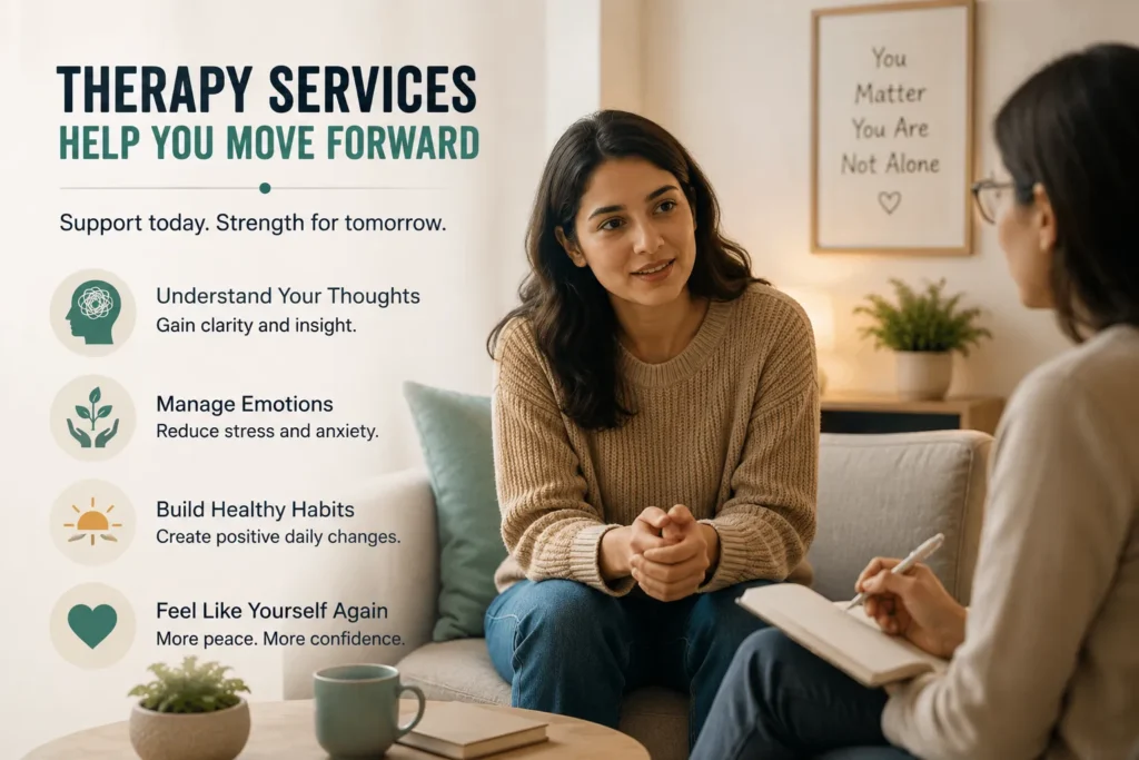 Professional therapist providing mental health therapy to help manage negative thoughts and emotional well-being.