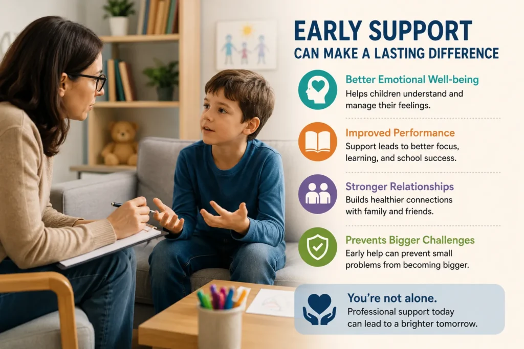 Child talking with a therapist during counseling, highlighting the benefits of early mental health support for children