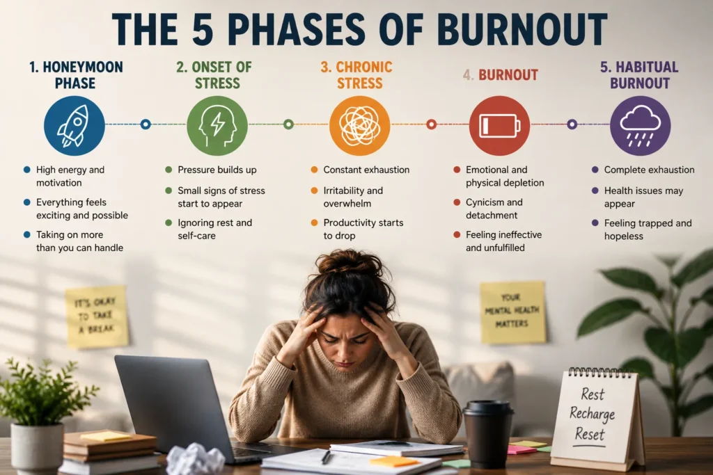 Infographic illustrating the five burnout phases, common symptoms, and progression from stress to chronic burnout.