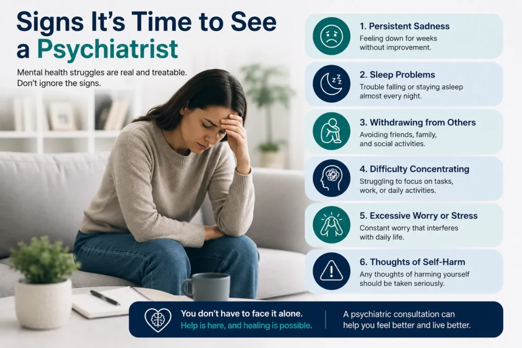 Infographic showing common signs you may need to see a psychiatrist, including persistent sadness, sleep problems, social withdrawal, difficulty concentrating, excessive worry, and thoughts of self-harm