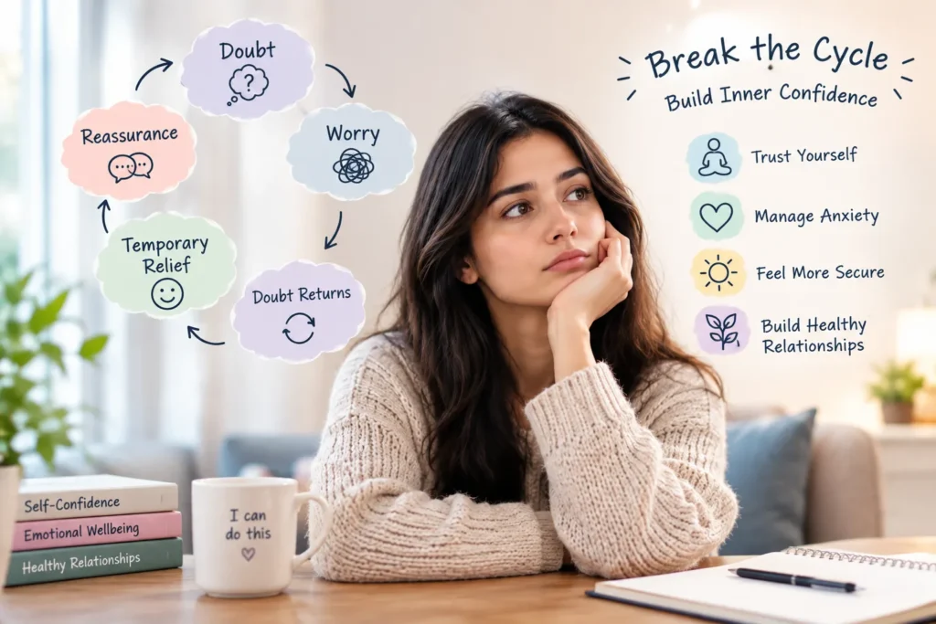 Illustration showing the reassurance seeking cycle from doubt and worry to temporary relief
