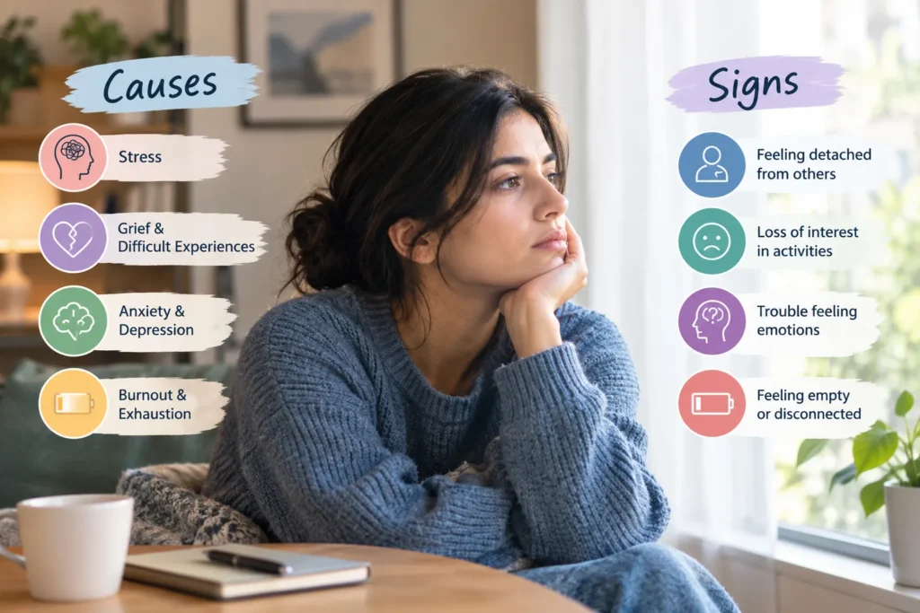 Woman experiencing emotional numbness with common causes and signs shown around her