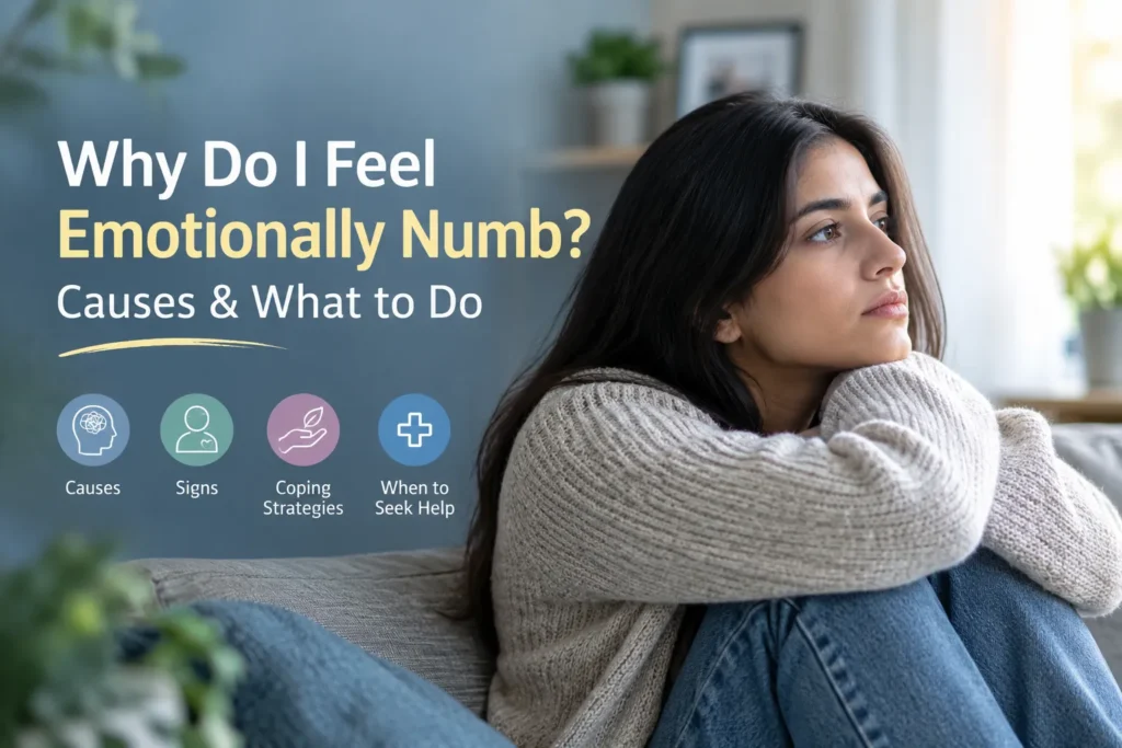 Woman experiencing emotional numbness and reflecting on its causes and what to do